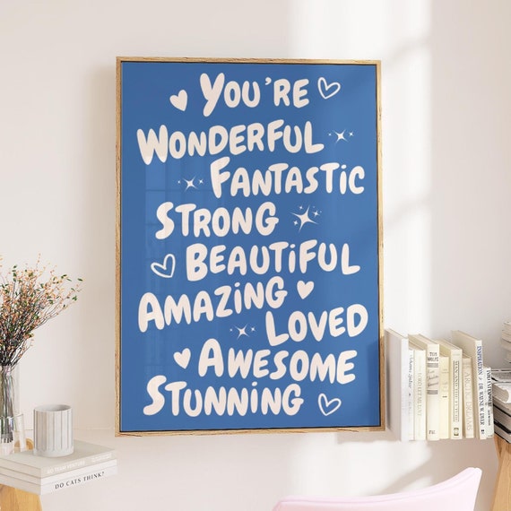 You Are Amazing Poster Blue Motivational Wall Art Girly Dorm Room Decor Retro Affirmation Poster Trendy Art Preppy Wall Art