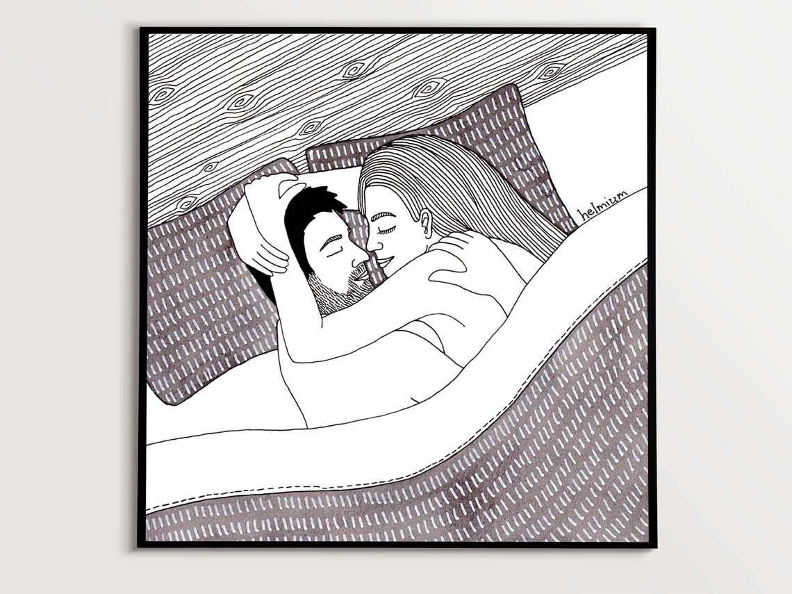 Couple Cuddling in Bed Cozy Morning Line Drawing Romance Poster