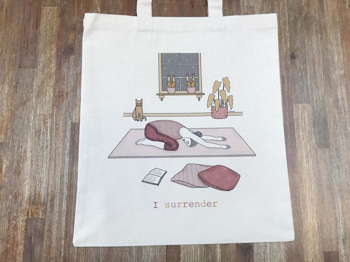 I Surrender Yoga Child's Pose Cozy Cat Illustration Wall Art