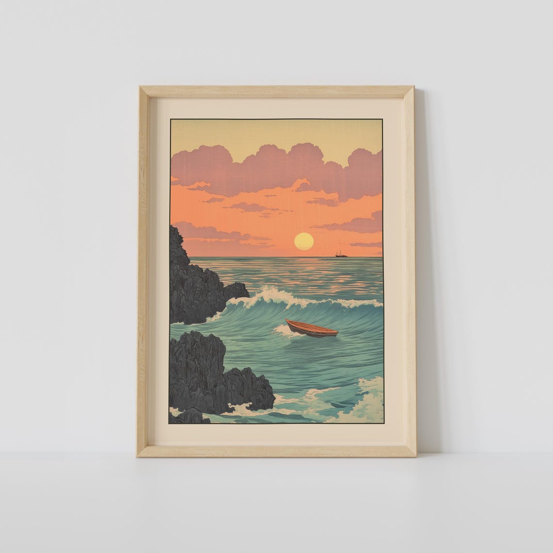 Japanese Coastal Sunset Woodblock Waves Boat Rocky Shore Poster