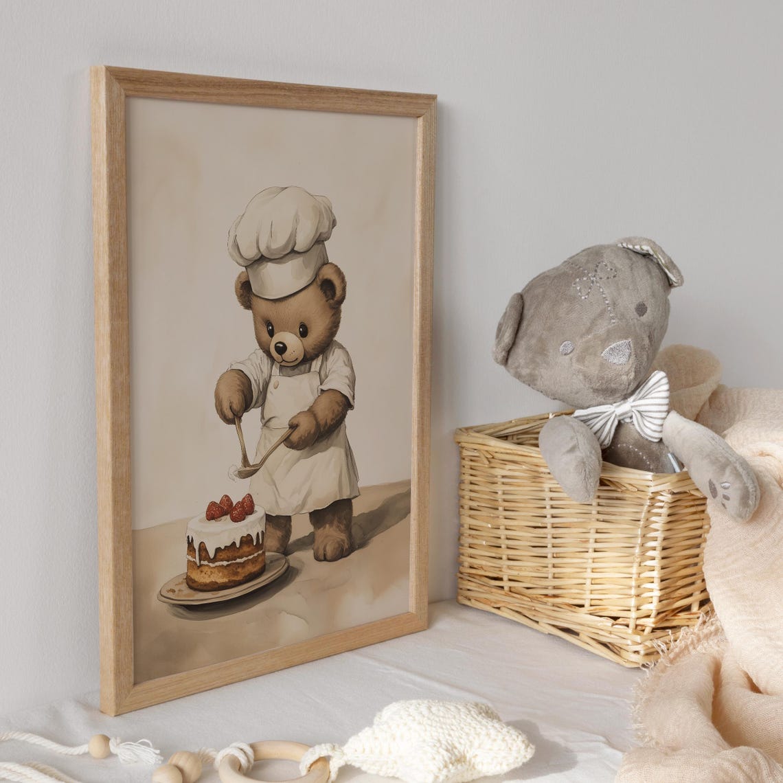 Teddy Bear Chef Frosting a Strawberry Cake Funny Animal Poster - Image 3
