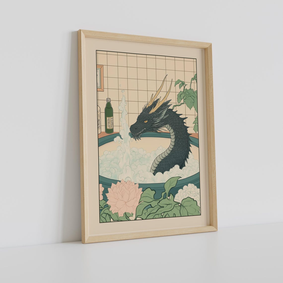 Black Dragon in a Steaming Bubble Bath with Peony Flowers Poster - Image 2