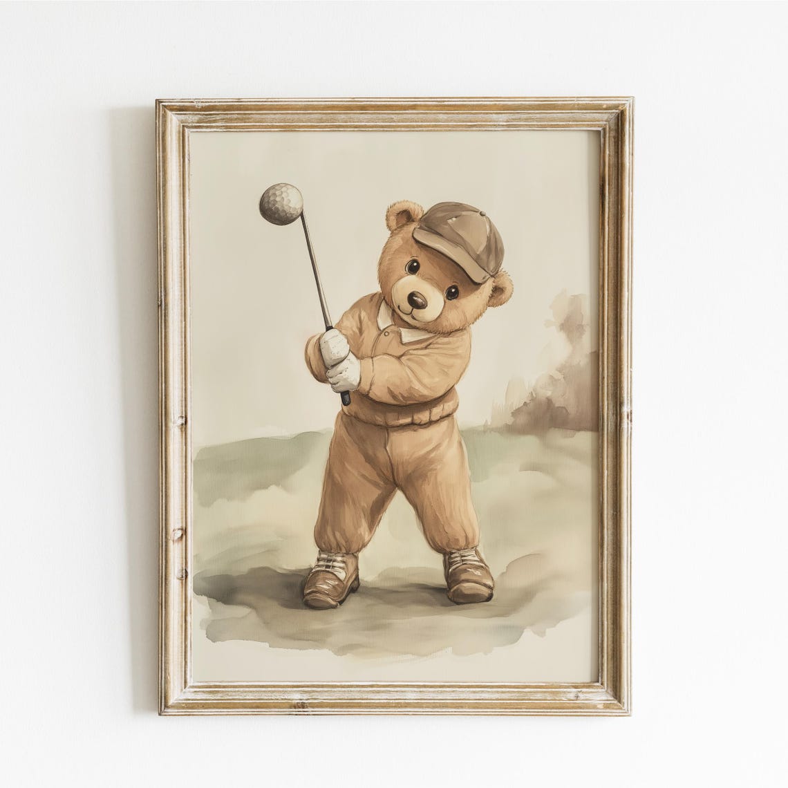 Teddy Bear Golfer Mid Swing in Cap and Sweater Watercolor Poster