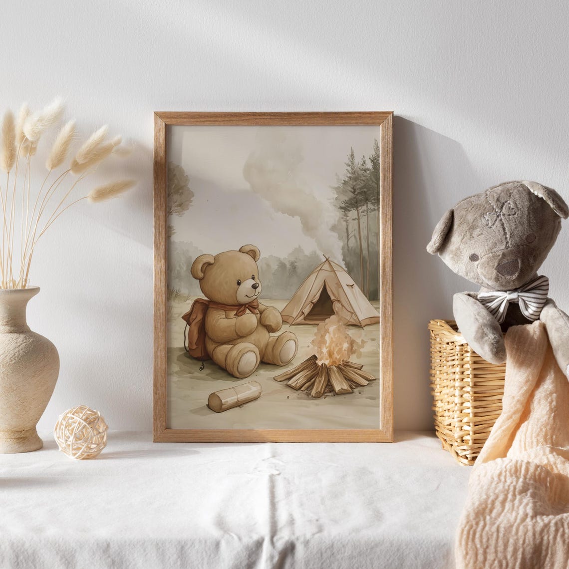 Teddy Bear Camping by Campfire With Tent and Backpack Poster - Image 2