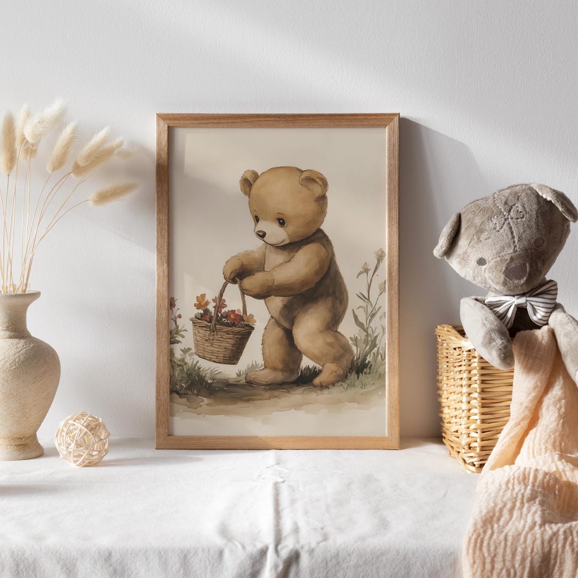 Teddy Bear Gathering Flowers in a Woven Basket Nursery Poster - Image 2