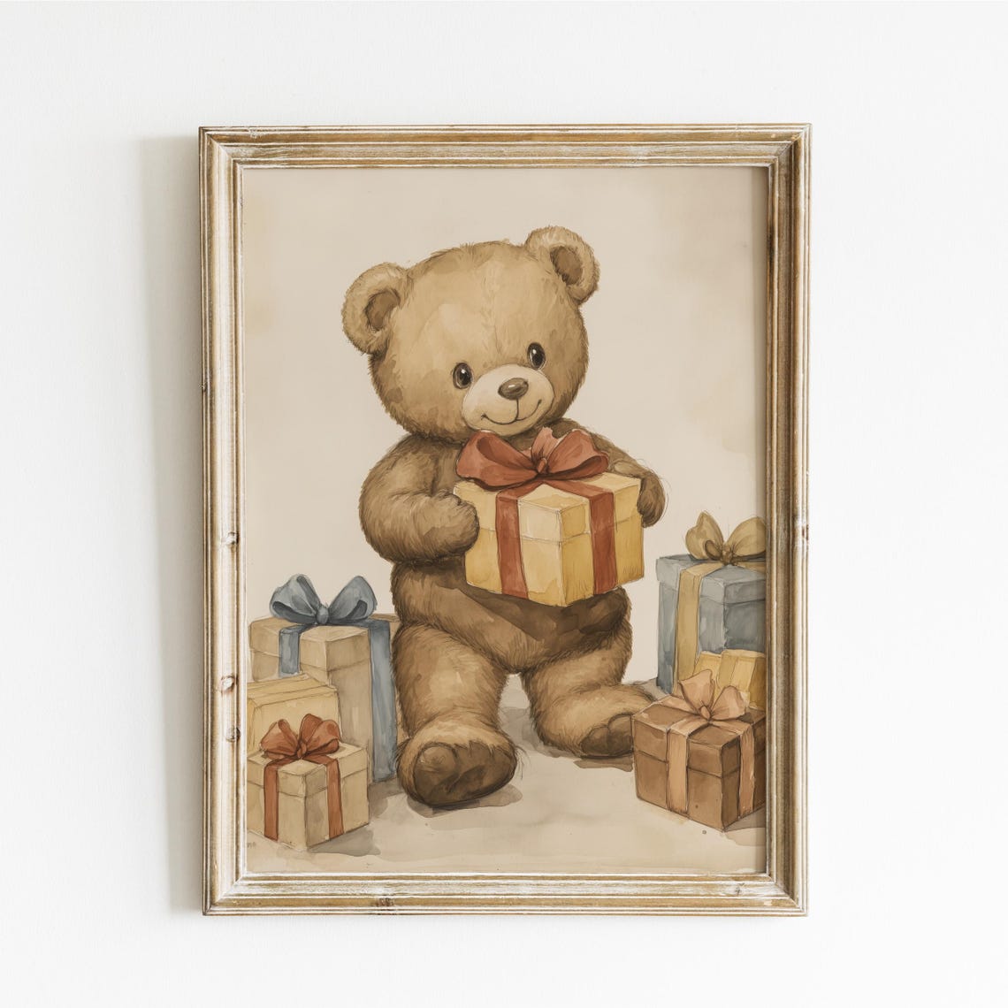 Teddy Bear Holding Gift Box Surrounded by Presents Watercolor Poster