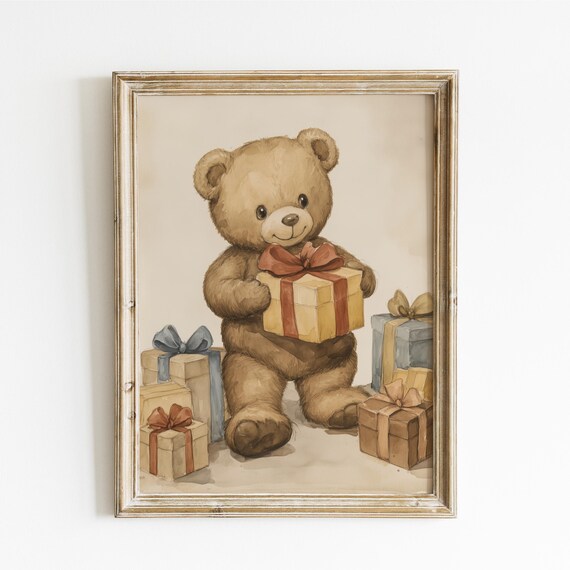 Teddy Bear Holding Gift Box Surrounded by Presents Watercolor Poster