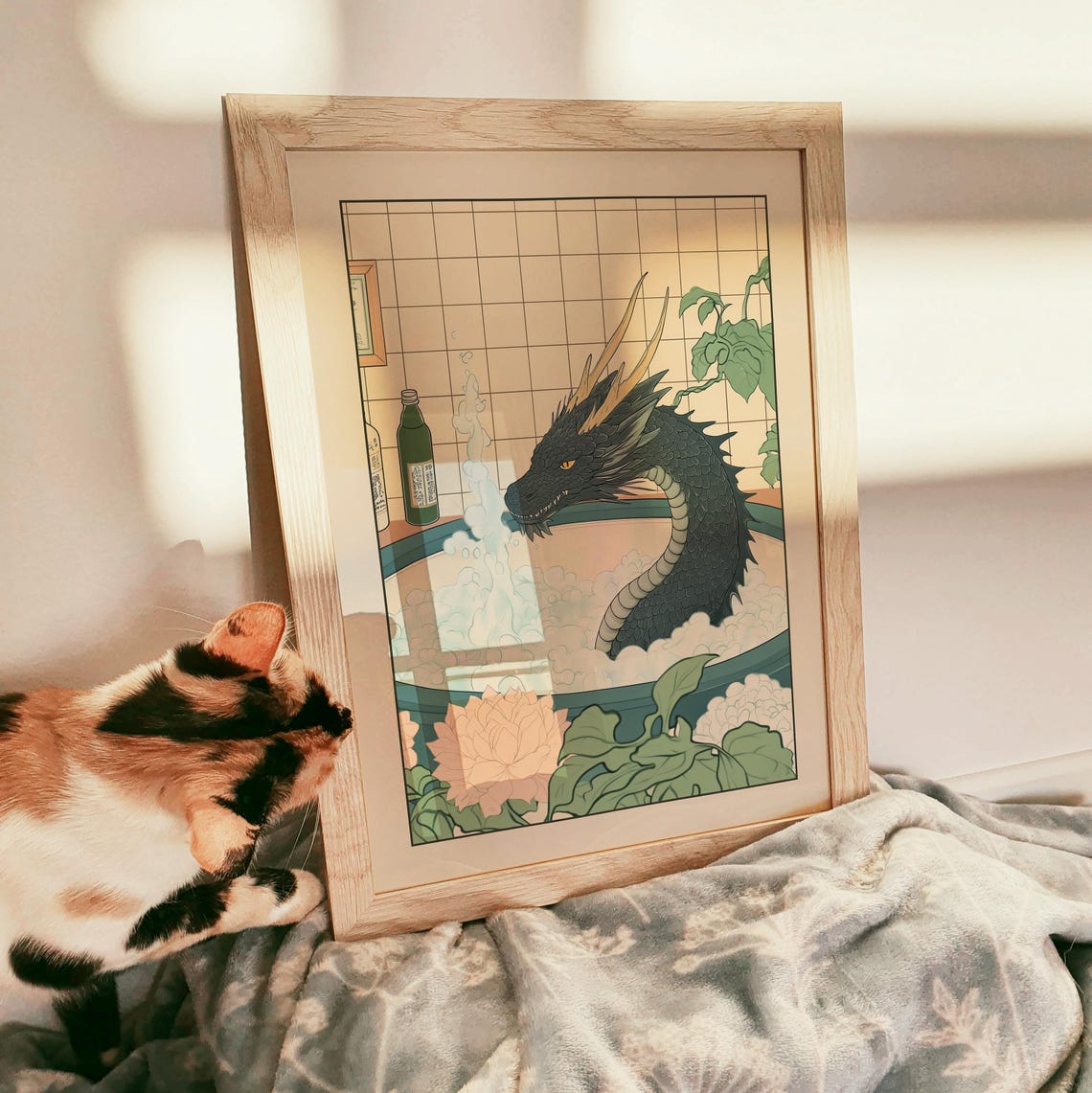 Black Dragon in a Steaming Bubble Bath with Peony Flowers Poster - Image 3