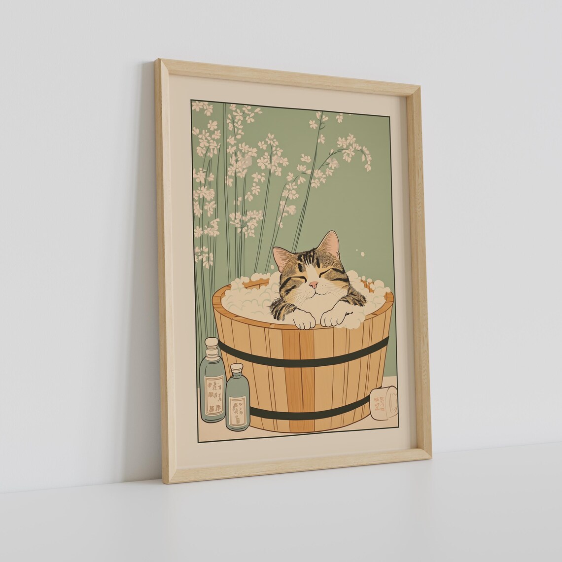 Tabby Cat In A Bathtub, Japandi Japanese Art Print - Image 2
