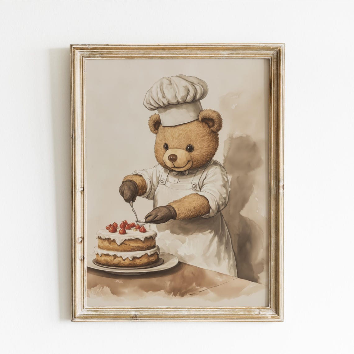 Teddy Bear Pastry Chef Decorating a Strawberry Layer Cake Poster
