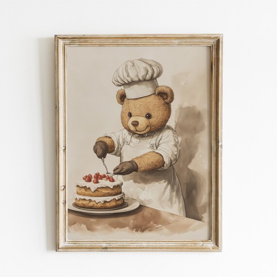 Teddy Bear Pastry Chef Decorating a Strawberry Layer Cake Poster