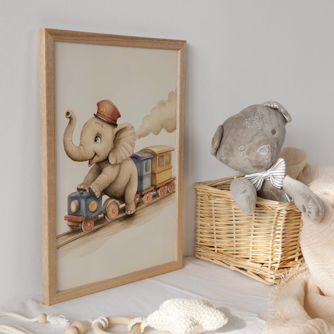 Baby Elephant Conductor Riding a Colorful Toy Train Funny Poster - Image 3
