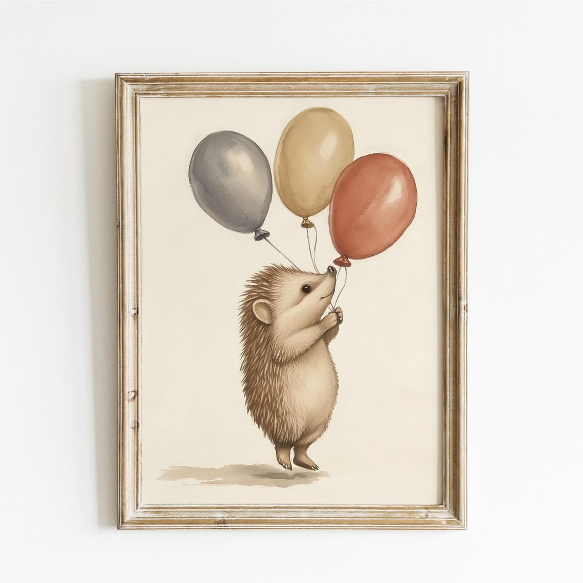 Hedgehog Holding Three Balloons Walking Pastel Watercolor Poster
