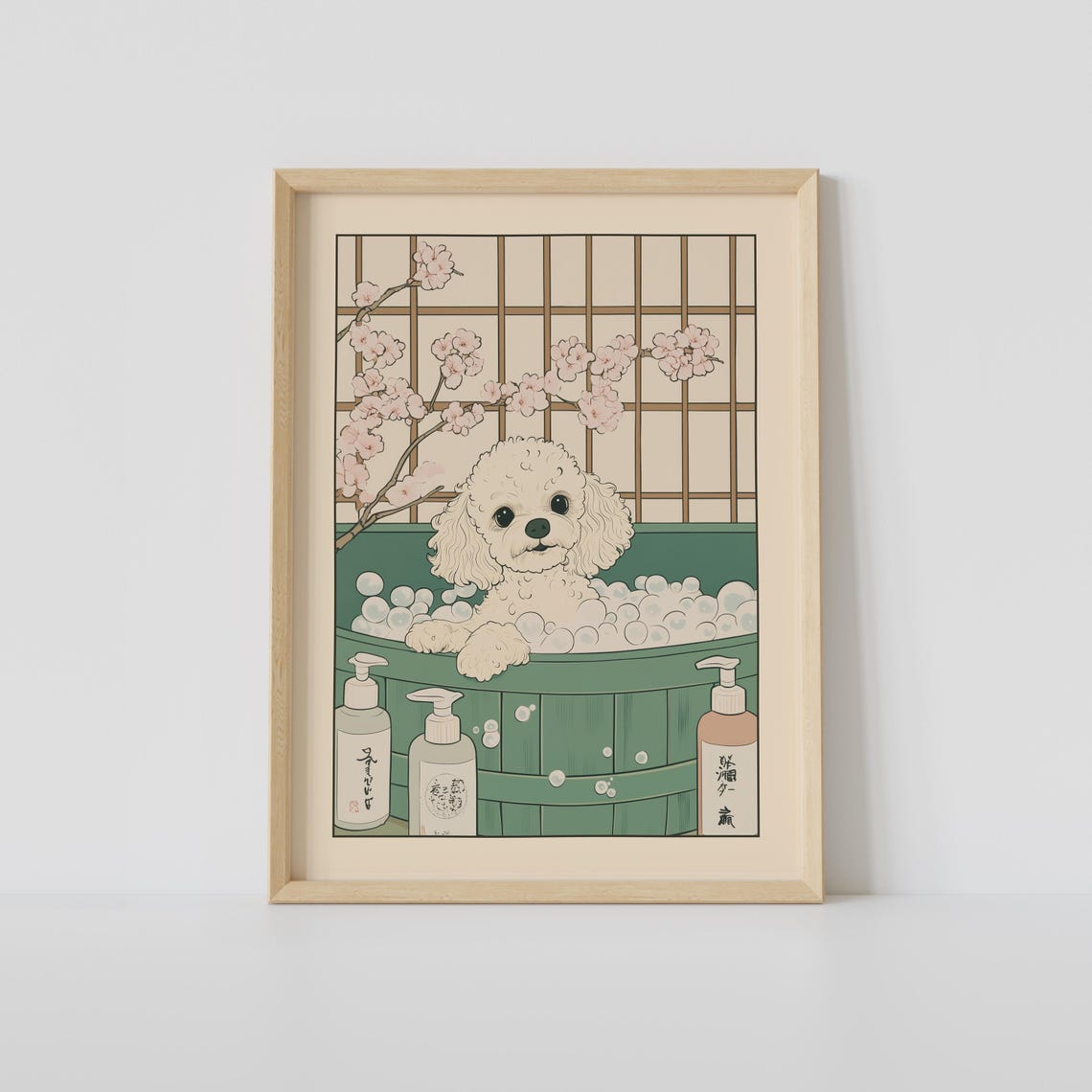 White Toy Poodle in a Bubble Bath Tub Under Cherry Blossoms Poster