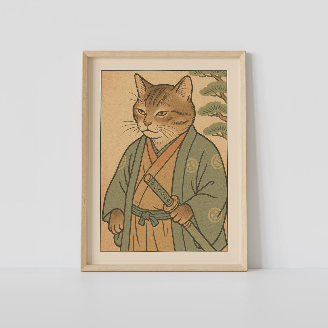 Samurai Cat Kimono Katana Japanese Woodblock Style Cat Art Poster