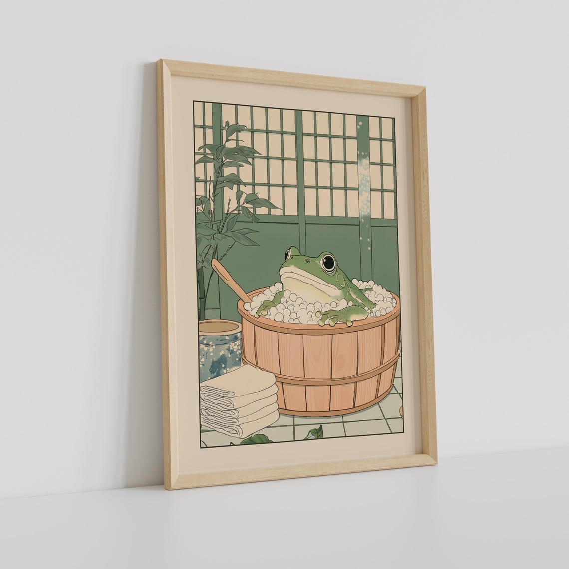 Green Frog Relaxing in a Wooden Barrel Bubble Bath Japanese Poster - Image 2