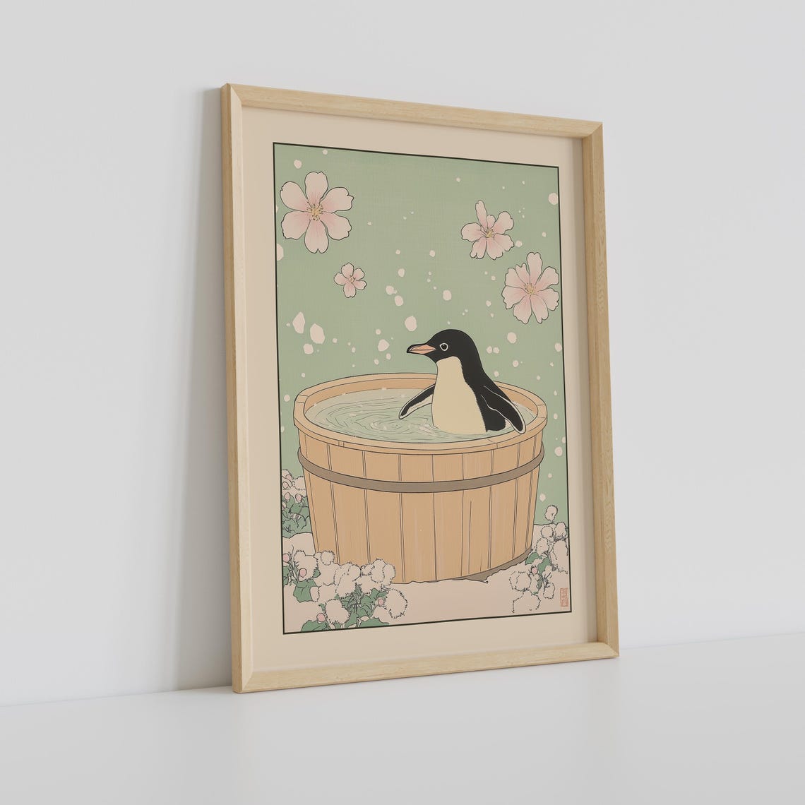 Penguin Soaking in Wooden Bucket Bath With Falling Sakura Poster - Image 2