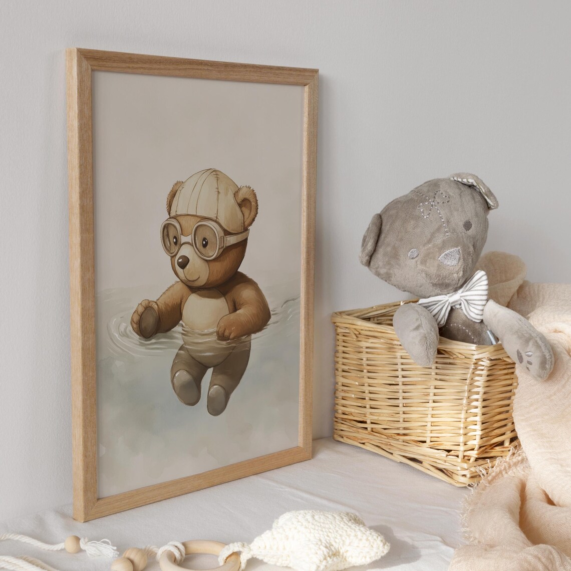 Teddy Bear Swimming with Goggles and a Swim Cap in Water Poster - Image 3
