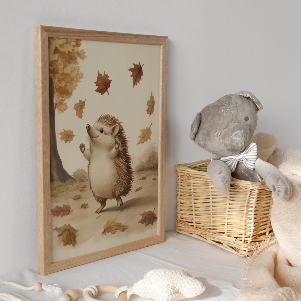 Happy Hedgehog Dancing Among Falling Autumn Maple Leaves Poster - Image 3