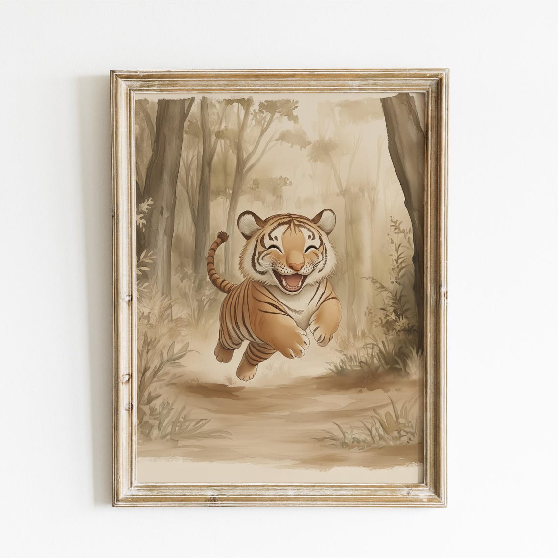 Smiling Tiger Cub Running Through Misty Sepia Forest Leap Poster