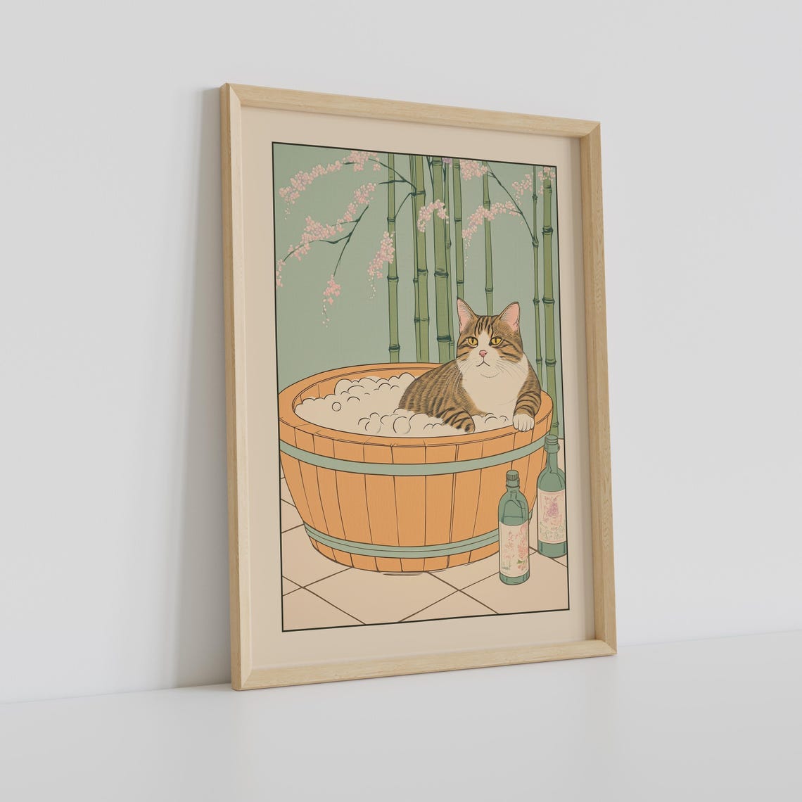 Tabby Cat in a Wooden Barrel Bubble Bath with Bamboo Stalks Poster - Image 2