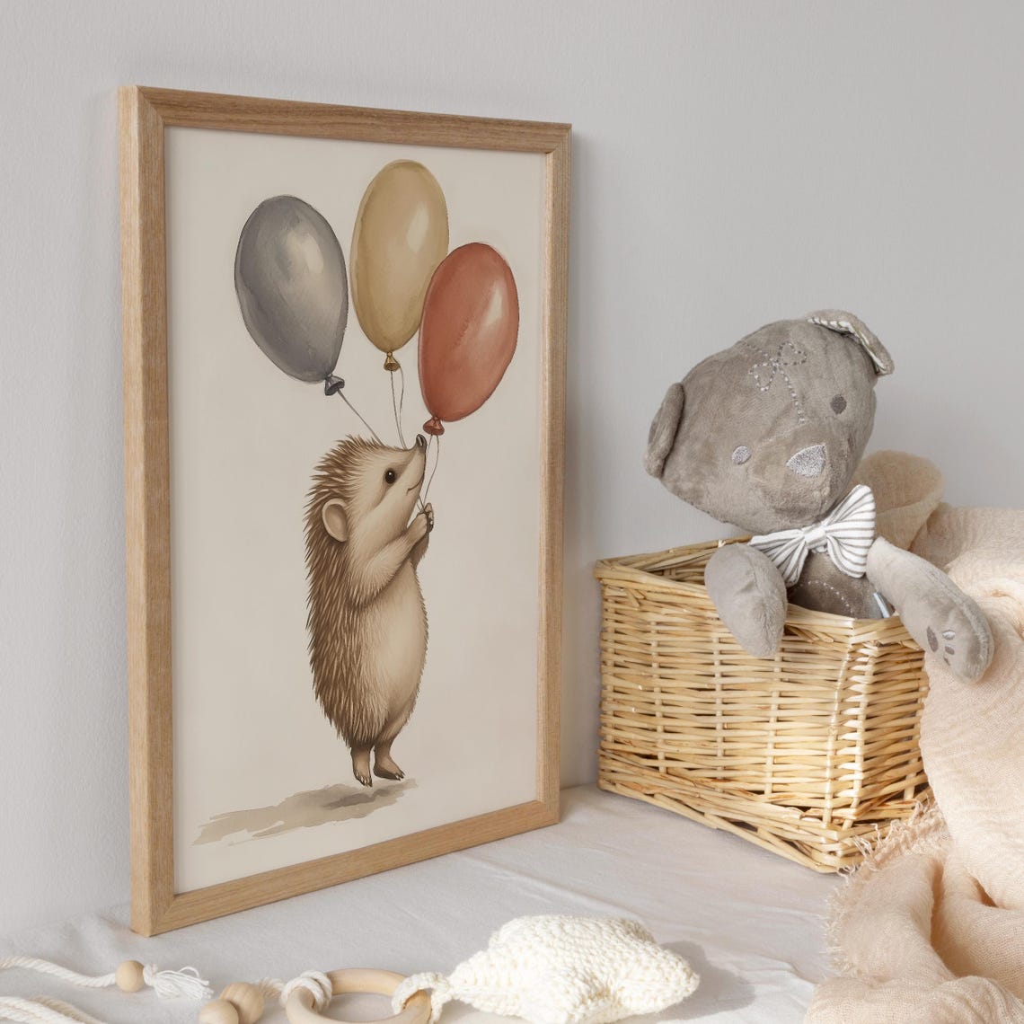 Hedgehog Holding Three Balloons Walking Pastel Watercolor Poster - Image 3