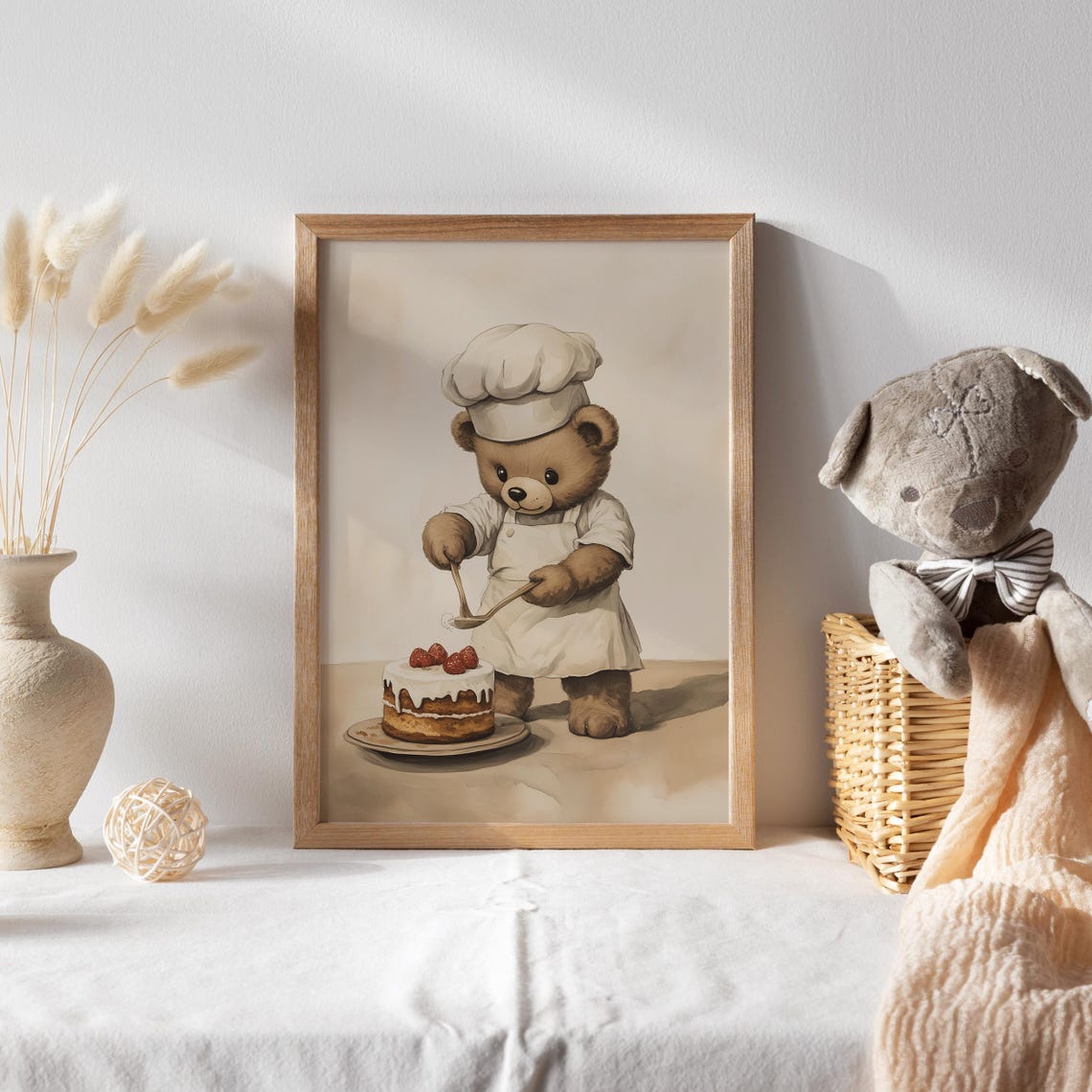 Teddy Bear Chef Frosting a Strawberry Cake Funny Animal Poster - Image 2