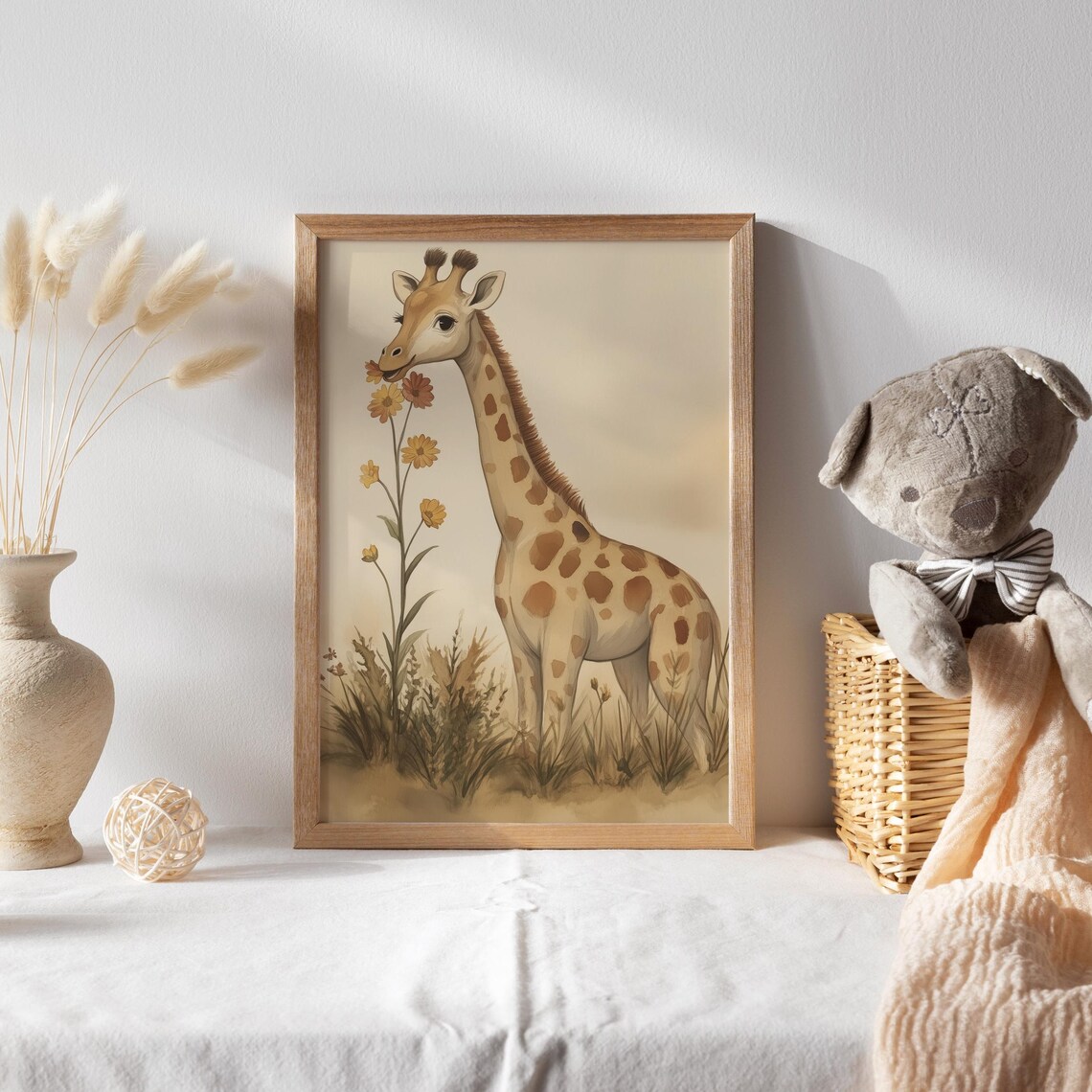 Giraffe Sniffing Orange Blossoms in a Golden Field Nursery Poster - Image 2