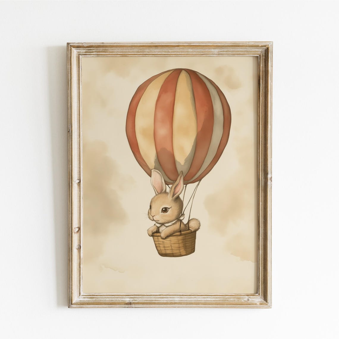Bunny Riding a Striped Hot Air Balloon Over the Clouds Poster