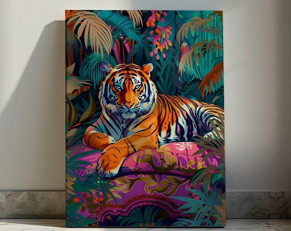 Tiger Resting In Lush Tropical Foliage Maximalist Art Poster