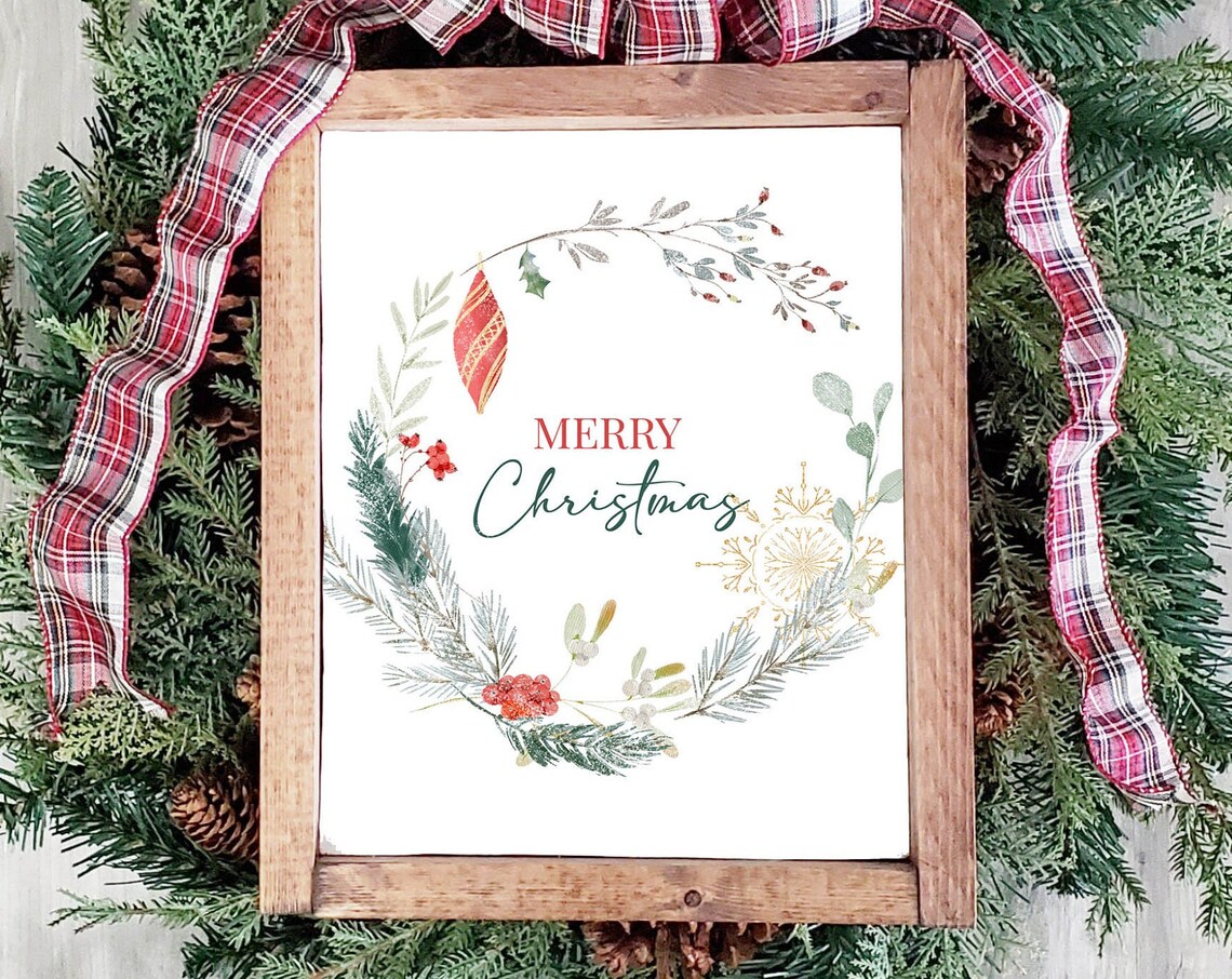 Merry Christmas Botanical Wreath With Ornament and Snowflake Wall Art