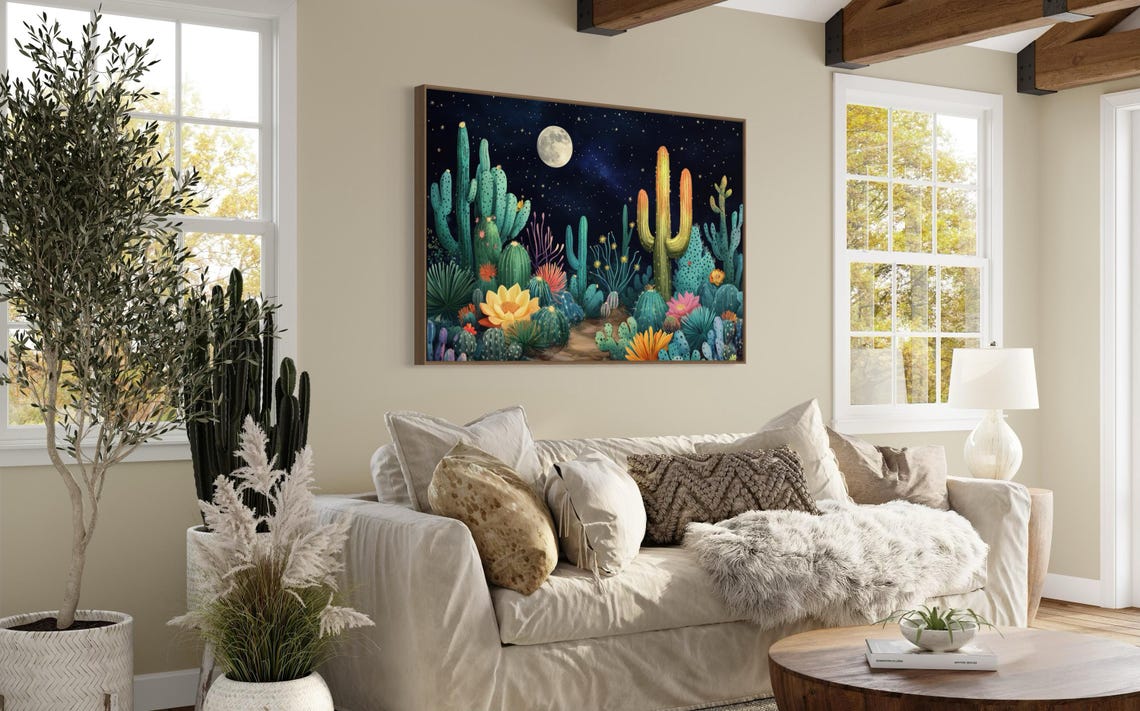 Vibrant Southwest Cactus Garden Moonlit Starry Night Sky Art Print - Image 2