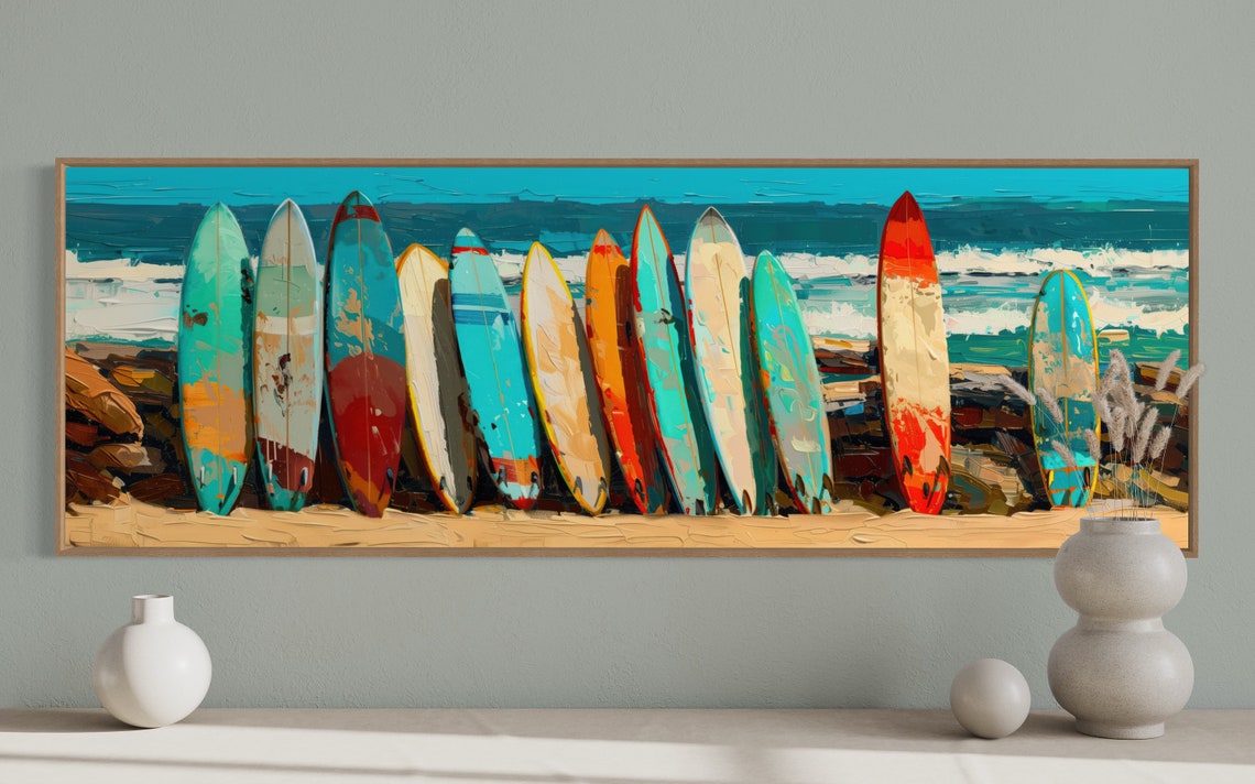 Panoramic Surfboard Wall Art Coastal Beach House Decor Narrow Seascape Painting Print Rustic Above Bed Decor Horizontal Surfboard Decor - Image 5