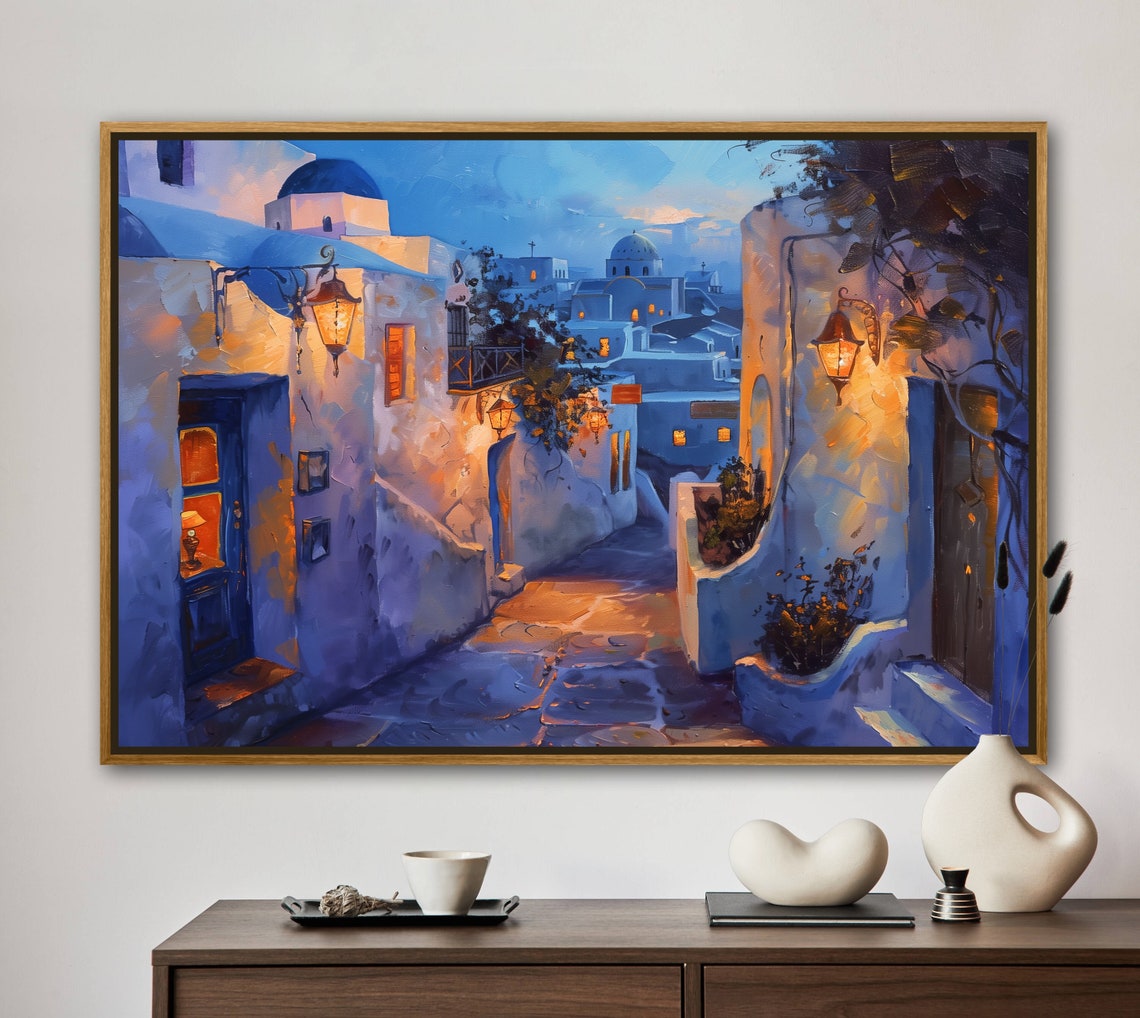 Santorini Greece Blue Hour Whitewashed Alley Lantern Lights Poster