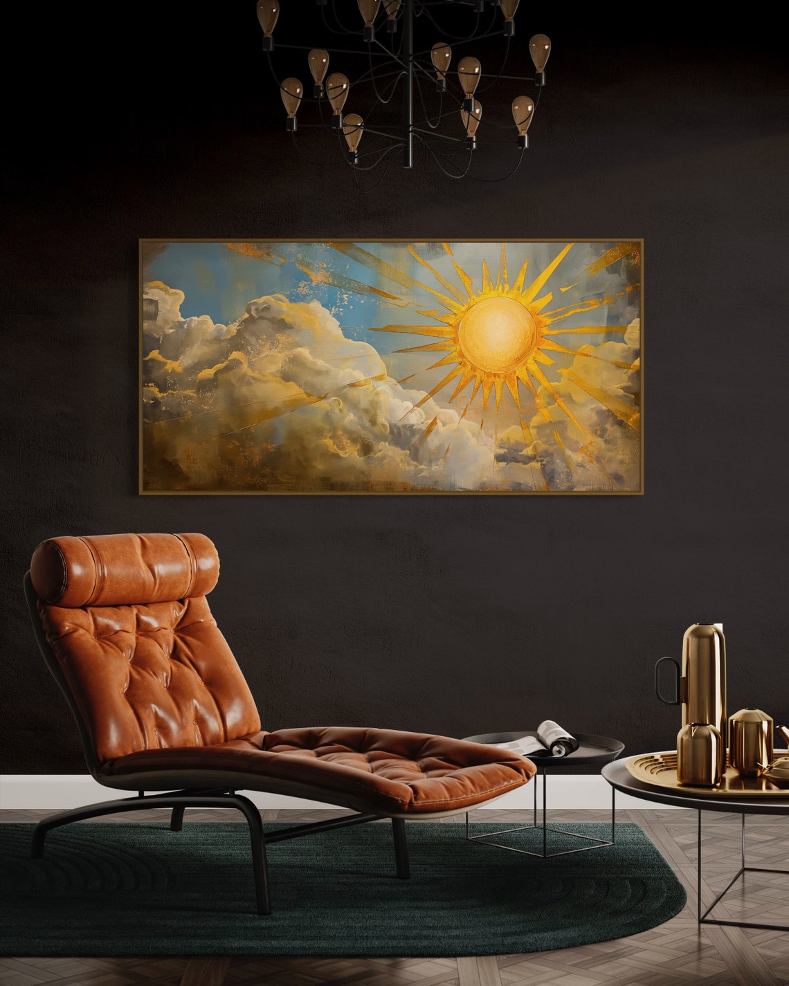 Golden Sun With Radiant Rays Over Painterly Clouds Sky Wall Art - Image 5