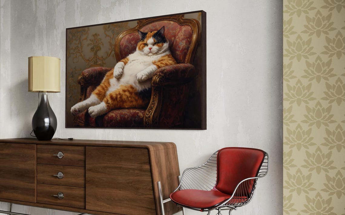 Chubby Calico Cat Lounging Ornate Victorian Chair Funny Pet Art Poster - Image 4