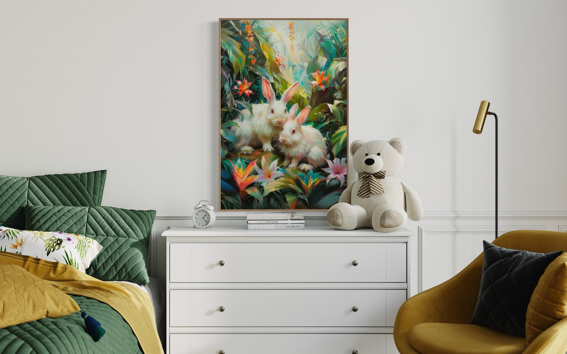 White Rabbits Tropical Garden Floral Whimsical Wildlife Wall Art - Image 3