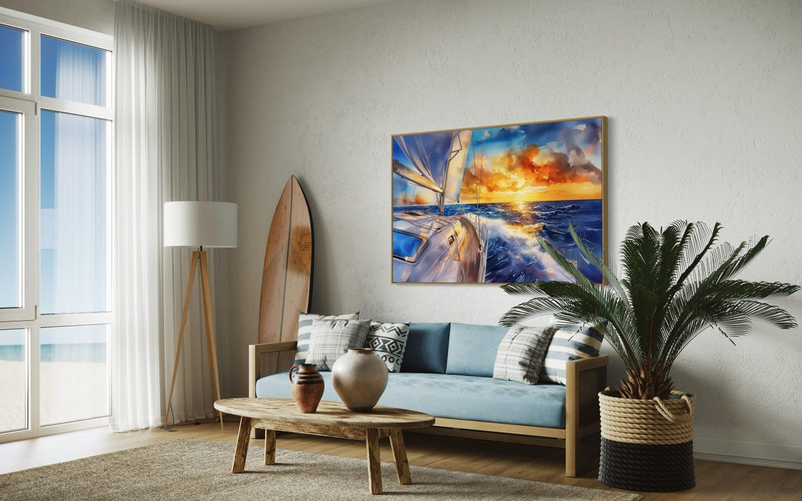 Sailboat Sunset Ocean Waves Dramatic Sky Nautical Coastal Art Poster - Image 5