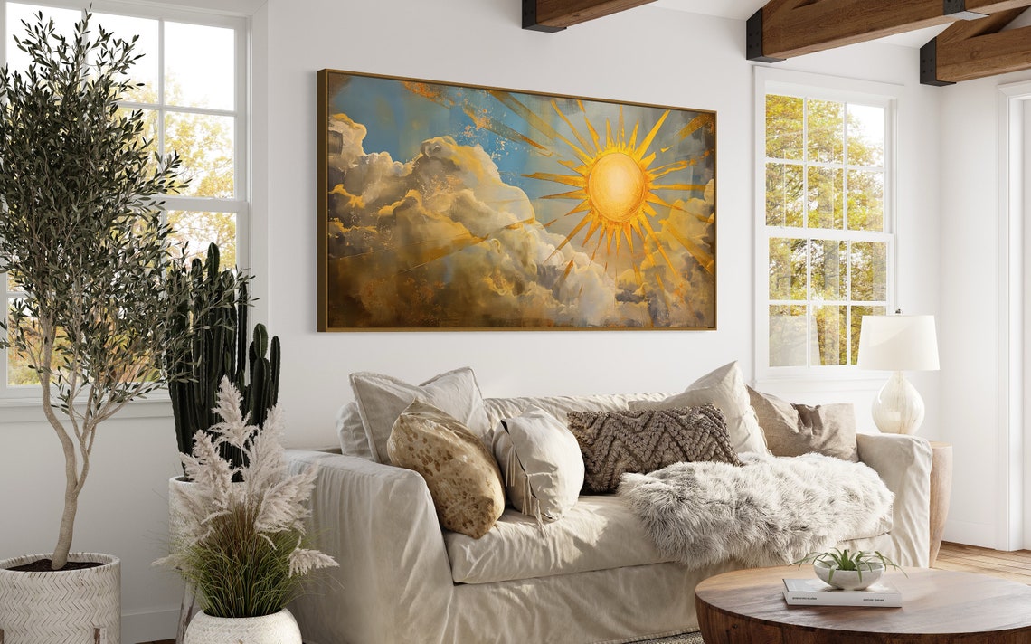 Golden Sun With Radiant Rays Over Painterly Clouds Sky Wall Art - Image 2