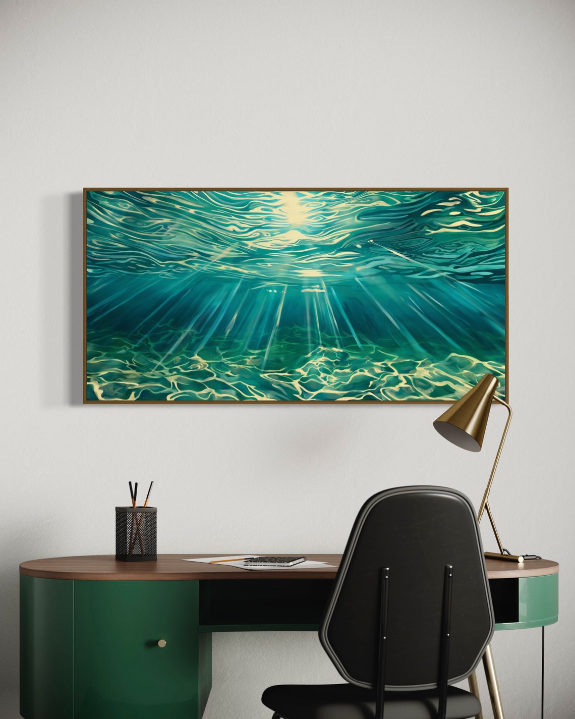 Turquoise Underwater Sun Rays Panoramic Ocean Light Waves Art Poster - Image 2