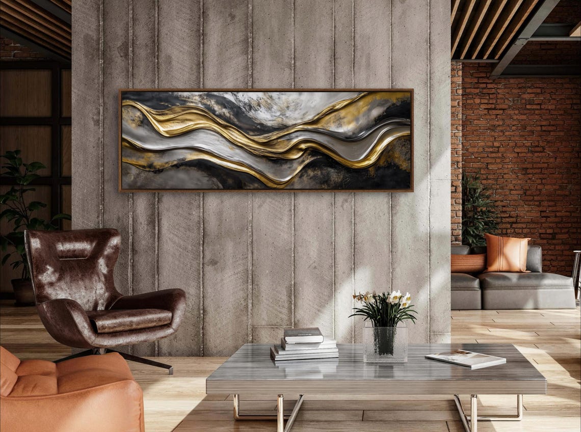 Gold Silver Black Abstract Wave Luxury Panoramic Fluid Wall Poster - Image 3
