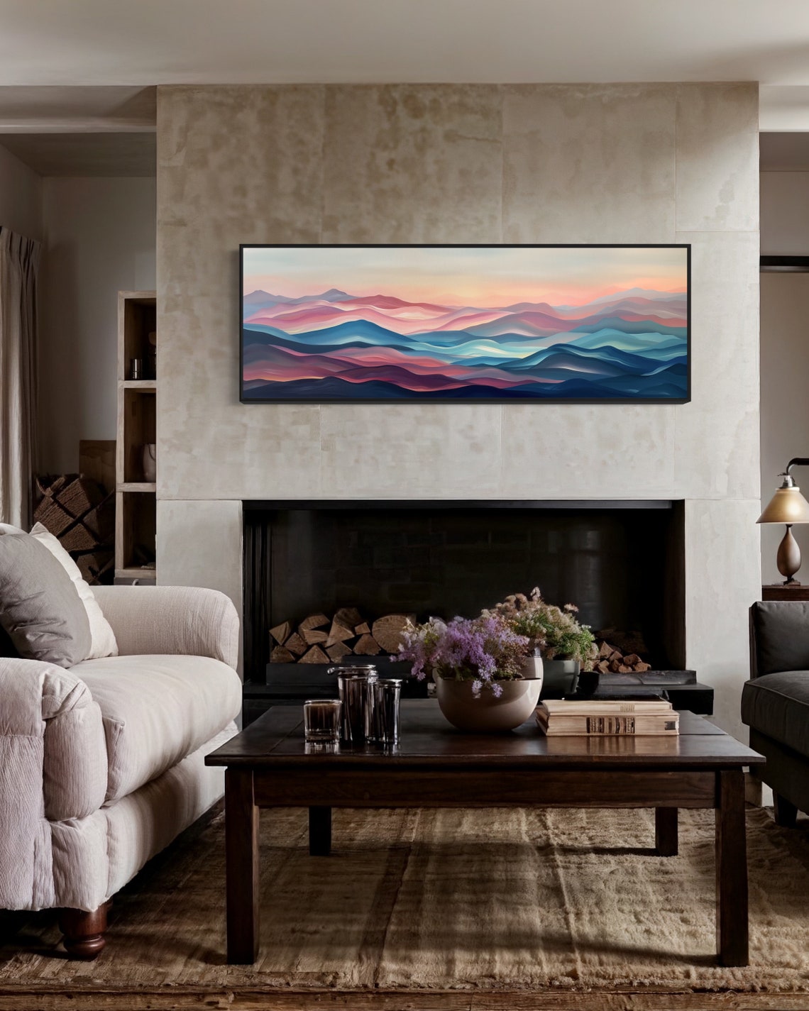 Panoramic Dreamscape Vibrant Wavy Wall Art Atmospheric Mountain Artwork With Pink And Purple Skies For Elegant Above Bed Decor - Image 3