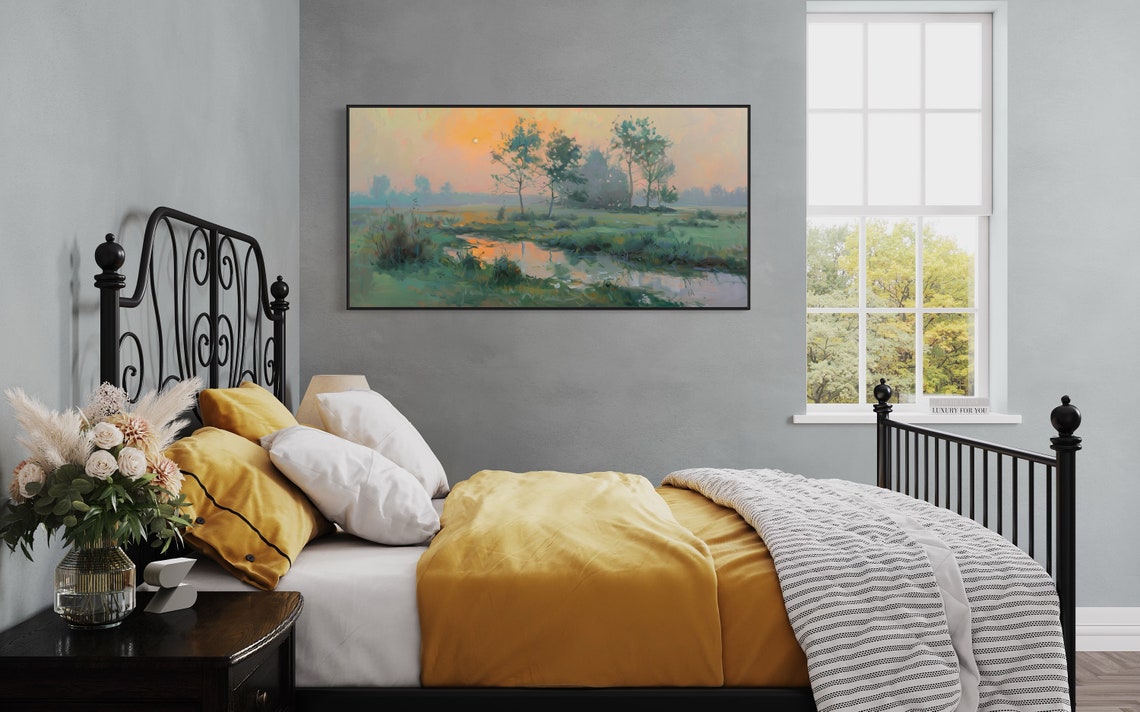 Misty Sunrise Over Green Meadow Stream Soft Pastel Morning Poster - Image 2