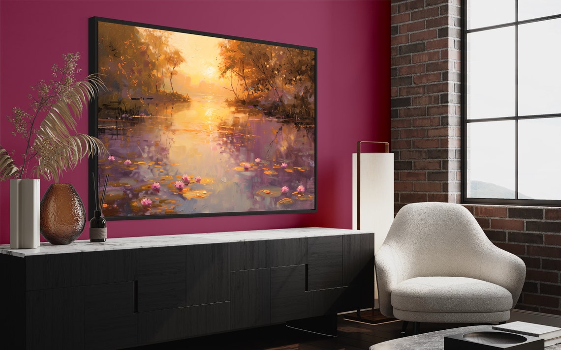 Vibrant Water Lilies Golden Sunset Pond Impressionist Art Poster - Image 3