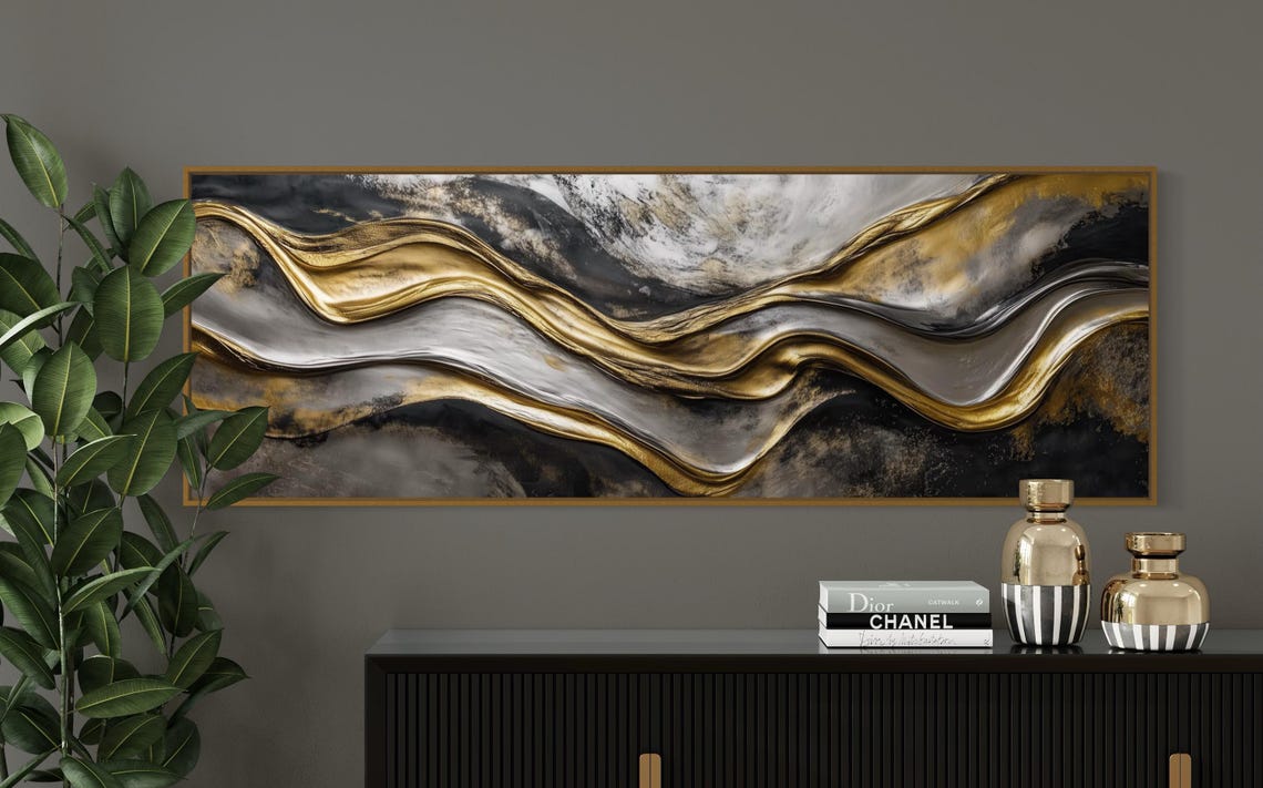 Gold Silver Black Abstract Wave Luxury Panoramic Fluid Wall Poster - Image 5
