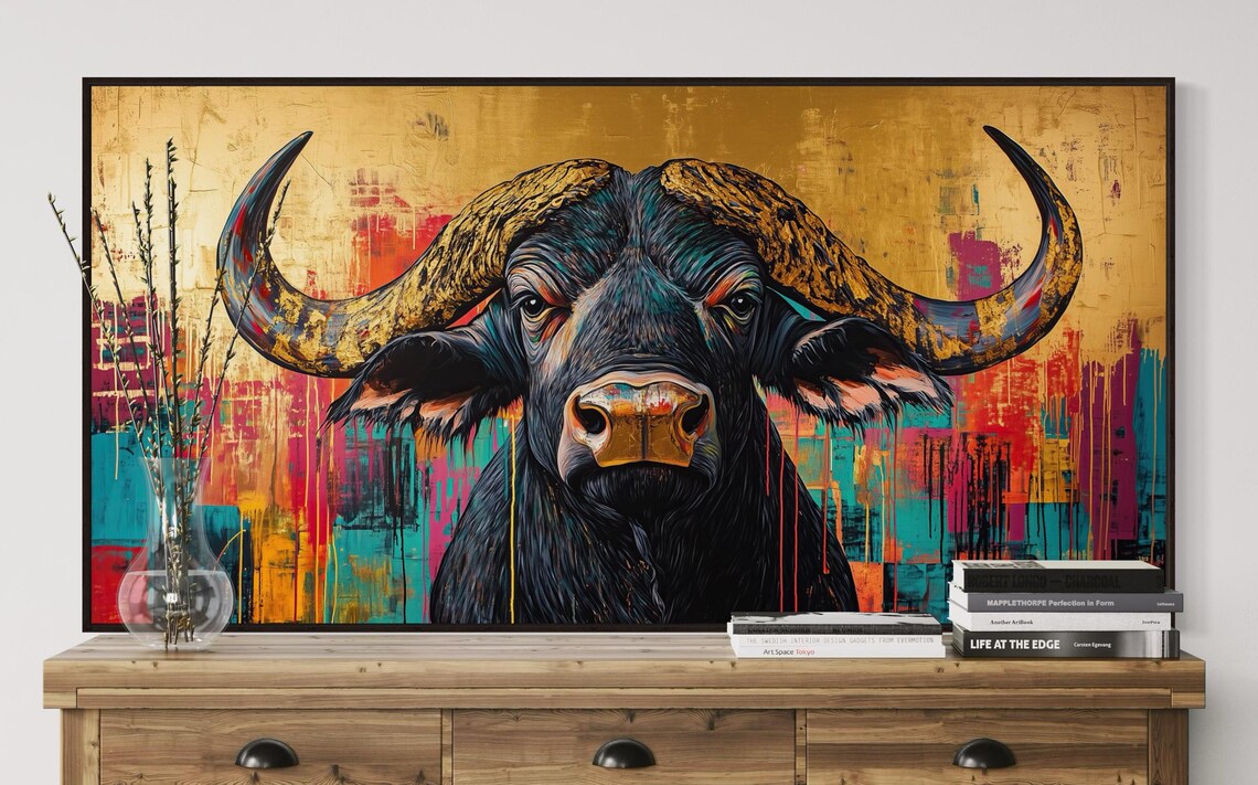 Bold African Buffalo Turquoise Gold Modern Safari Statement Wildlife Print - Image 4