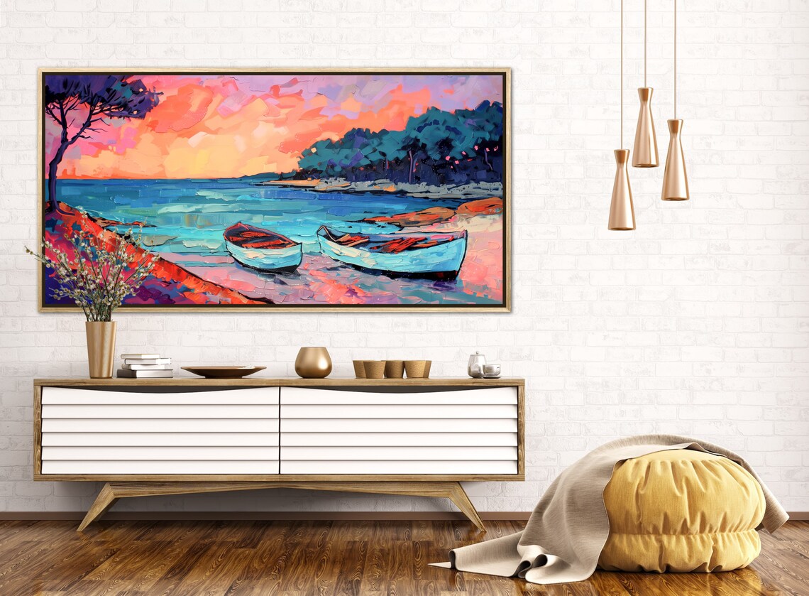 Sunset Boats Colorful Shore Fauvist Pink Sky Vibrant Coastal Poster - Image 4