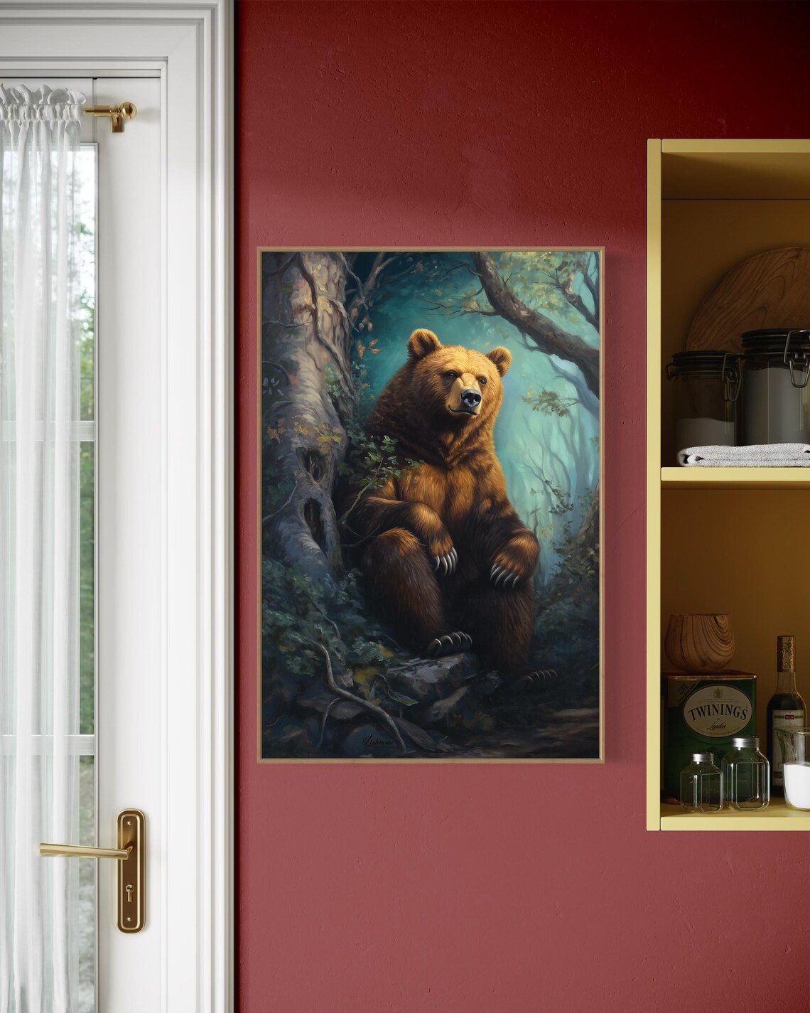 Majestic Brown Bear Forest Sitting Misty Woods Realistic Wildlife Art Poster - Image 4