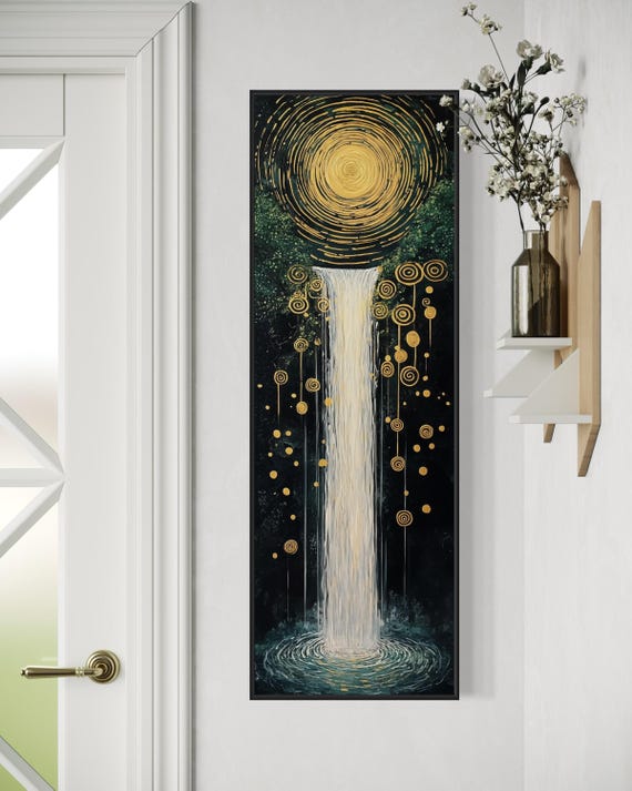 Mystical Waterfall Art Tall Vertical Klimt Inspired Mystical Cosmic Sun Artwork Luxury Minimalist Landscape For Home Decor
