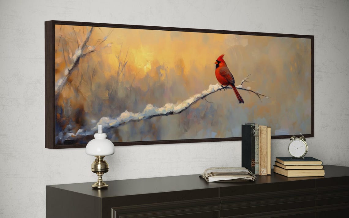 Red Cardinal Snowy Branch Winter Panoramic Peaceful Wildlife Poster - Image 3
